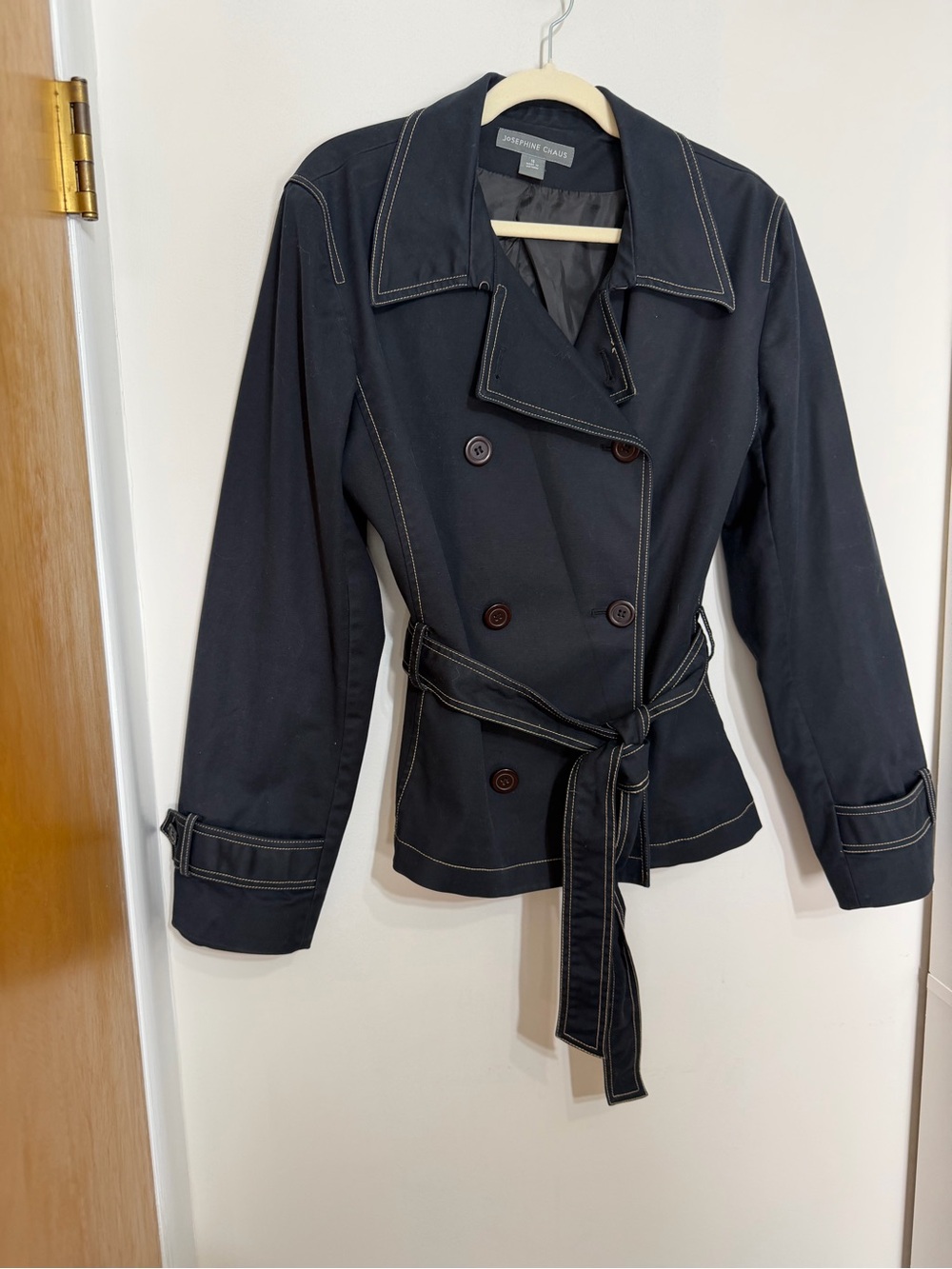 Josephine Chaus Navy Blue Belted Trench Jacket Size 16 Contrast Stitch - Picture 4 of 12